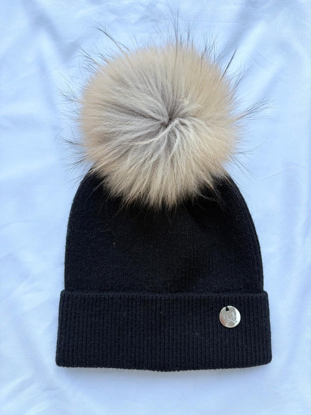 Adult - fine knit pom pom - Black with natural